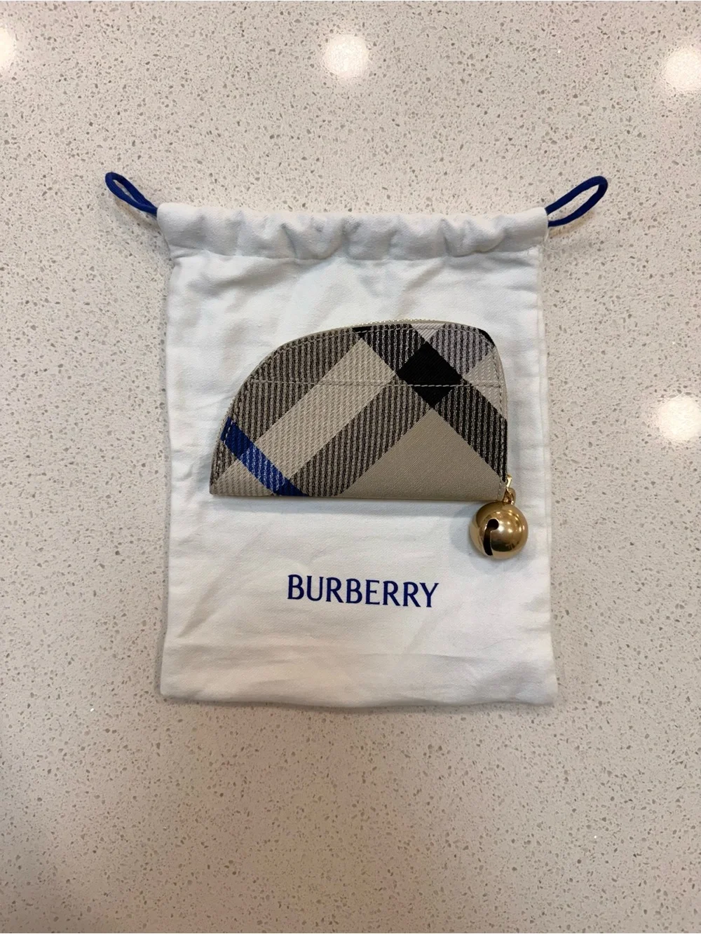 Burberry Beige Coin Pouch/Card Holder with Blue and Black Stripe and Gold Bell